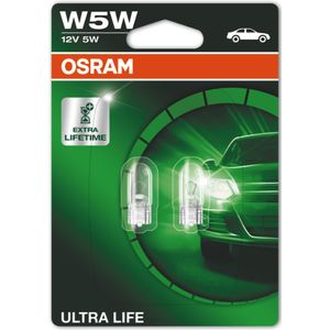 W5W 12V 5W (501) OSRAM Ultra Life - Long Life Capless Side-Tail-Interior Bulbs 2825ULT-02B, W2.1X9.5D - Pack of 2
