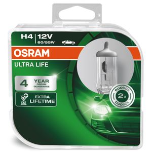 H4 12V 60/55W (472) OSRAM Ultra Life - Long Life Halogen Headlight Bulbs 64193ULT-HCB, P43T - Pack of 2