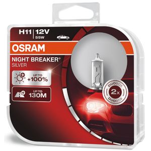 H11 12V 55W (711) OSRAM Night Breaker Silver Halogen Headlight Bulbs 64211NBS-HCB, PGJ19-2 - Pack of 2
