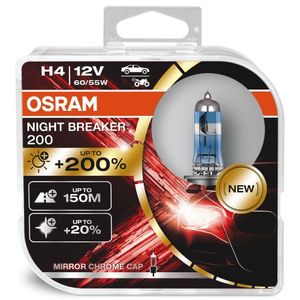 H4 12V 60/55W (472) OSRAM Night Breaker 200 Halogen Headlight Bulbs 64193NB200-HCB, P43T - Pack of 2