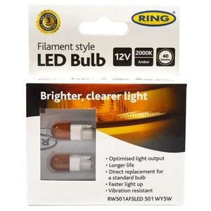 WY5W (501) 12V RING LED Filament-Style Indicator Amber Bulbs RW501AFSLED
