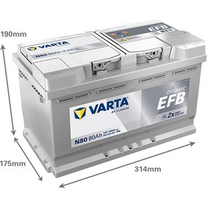 N80 Varta Dynamic EFB Start-Stop Car Battery 12V 80Ah (580500080) Type 110